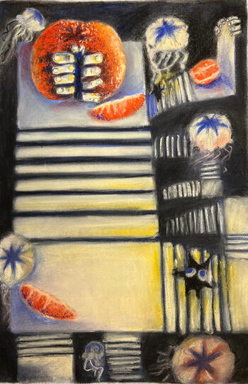 “Orange Hands” — Charcoal/Pastel — 2024